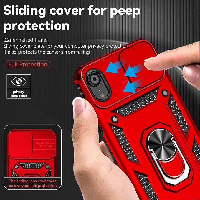 HNHYGETE for iPhone XR Phone Case with HD Screen Protector: [Military Grade 20ft. Drop Tested] Slide Camera Cover Ring Shockproof Protective Phone Case for - iPhone XR (Red) - Image 3