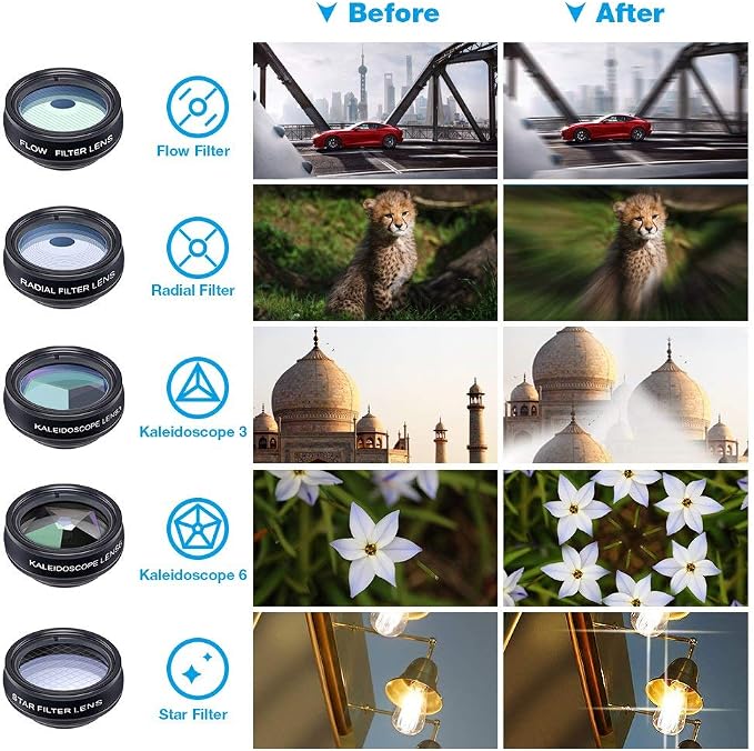 Apexel Phone Camera Lens-Macro Lens+Wide Lens+Fisheye Lens+Telephoto Lens+CPL/Flow/Radial/Star Filter+Kaleidoscope 3/6 Lens 10 in 1 Lens Kit +Remote Shutter for iPhone, Samsung,LG and Most Smartphones - Image 3