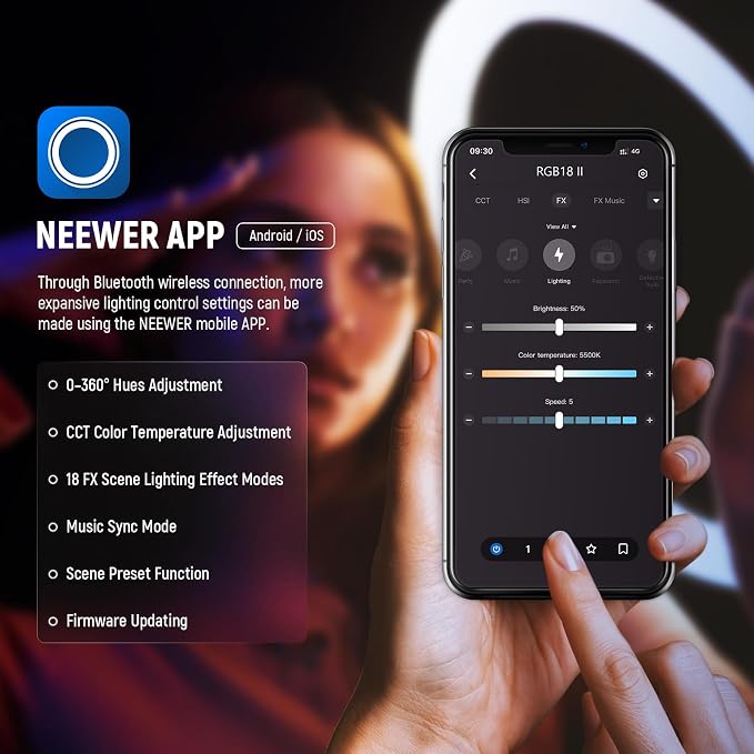NEEWER 18 Inch RGB LED Ring Light APP Control with Tripod Stand and Phone HolderCompatible with iPhone for Selfie Makeup Lash Studio Streaming Video Recording Lighting, 42W Ringlight Dimmable,RGB18 II - Image 5