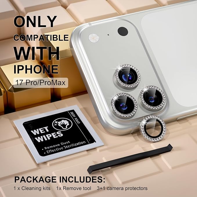 Misea Compatible for iPhone 17 Pro/iPhone 17 Pro Max Camera Lens Protector | 9H Tempered Glass Ultra HD Bling Camera Screen Protector Cover Metal Individual Ring Accessories, Natural Titanium Diamond - Image 2