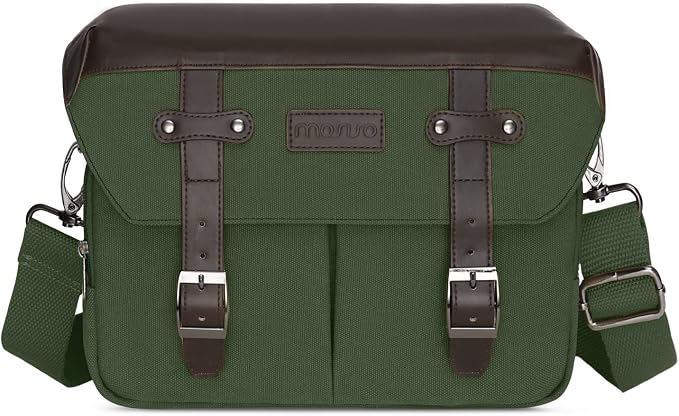 MOSISO Camera Case Crossbody Shoulder Messenger Photography Bag, Army Green | DSLR/SLR/Mirrorless Vintage PU Leather Flap Gadget Bag with Rain Cover Compatible with Canon/Nikon/Sony Camera and Lens by MOSISO