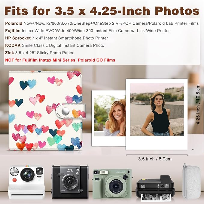 Fintie Small Photo Album Book for 3.5x4.25" Polaroid Films - 52 Pockets | For Polaoird I-Type/600/Sx-70 Films, Fujifilm Instax Wide Pictures Albums Book, Boys & Girls Memory Keepsakes, Raining Heart - Image 2