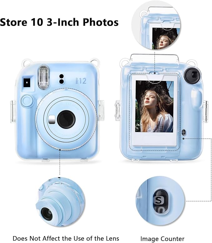 Rieibi Accessories for Fujifilm Mini 12, Gift Bundle Includes Clear MINI12 Case with Strap, Mini Photo Album, Selfie Mirror, DIY Stickers, Color Filter (No Camera) - Blue - Image 3