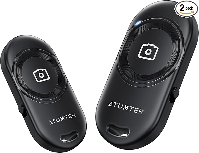 ATUMTEK Camera Remote Shutter for iPhone and Android Smartphones (2 Pack), Wireless Phone Remote Control Selfie Button for Photos and Videos (Bluetooth 5.2), Wrist Strap Included, Black Stylish by ATUMTEK