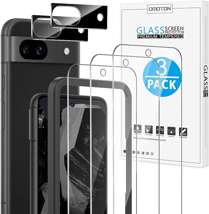 OMOTON 3+2 Pack for Google Pixel 8a Screen Protector 6.1 inch | 3 Pack Tempered Glass Screen Protector & 2 Pack Camera Lens Protector with Alignment Framework, Case Friendly by OMOTON