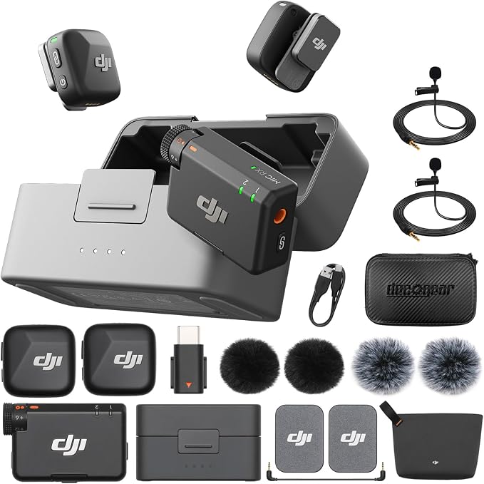 DJI Mic Mini (2 TX + 1 RX + Charging Case) Wireless Lavalier Microphone, Ultralight, Noise Cancelling, Up to 48-Hour Battery Life Bundle with 2 x Deco Gear Lapel Microphone and 5" EVA Case by Unknown
