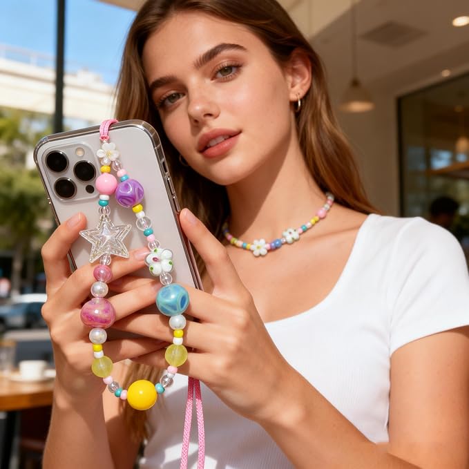 2 Pcs Phone Charm Strap Hand for iPhone Wrist Strap Camera Lanyard Pearl Beaded Cute Chain String Accessories Universal for iPhone 17 16 Pro 15 Samsung Women Girls Keychain Colored Beads and Shells - Image 3