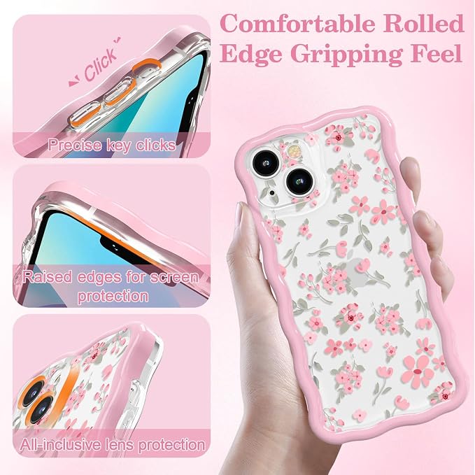 QLTYPRI for iPhone 13 Pink Flower Case, Clear Cute Pink Floral Flower Phone Case Curly Wavy Aesthetic Phone Cover, Soft Slim Transparent TPU Shockproof Protective Cover for Women Girls - Pink - Image 3
