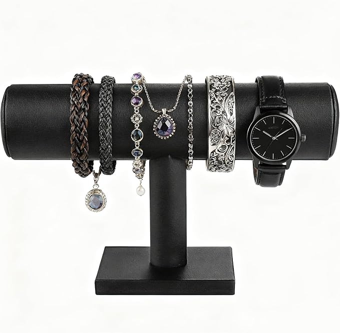 TENINYU Hovering T-Bar Bracelet Necklace Earring Bangle Pendants Anklet Tower Watch Key Jewelry Display Stand for Home Organization (Black Leatherette) - Image 2