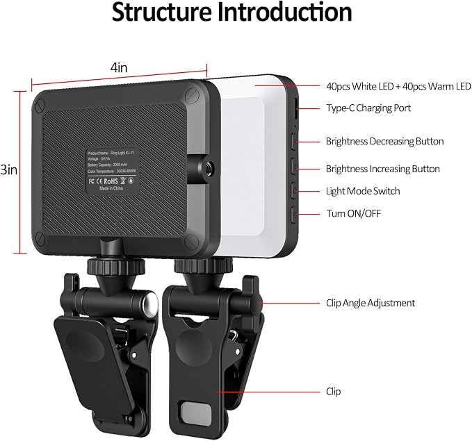 XINBAOHONG Rechargeable Selfie Light, Clip Fill Light for Phone Laptop Tablet Portable Light for Video Conference Live Streaming Zoom Call Makeup Picture (Black) - Image 3