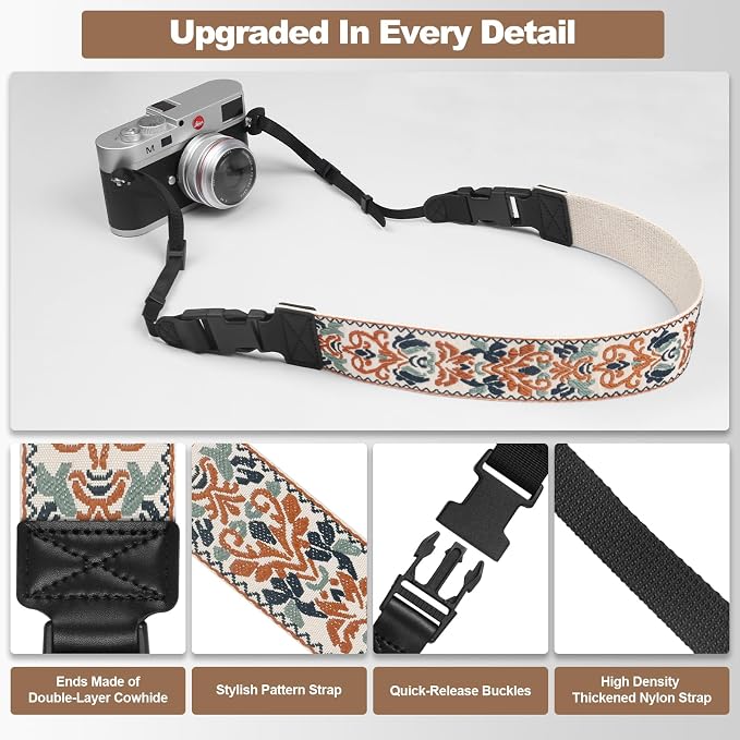 Adjustable Camera Neck Strap, Vintage Embroidered Shoulder & Crossbody Camera Strap with 4 Connection Ways, Anti-Slip Camera Strap for DSLR, Mirrorless & Camcorder, Travel & Outdoor Photography Gear - Image 5