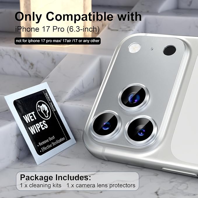 Choiche for iPhone 17 Pro Camera Lens Protector, Silver | Metal Camera Cover with 9H Tempered Glass Lens Screen Protector Accessories, Strong Adsorption, Case-Friendly, 6.3-inch - Image 2