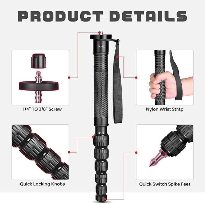TONYBOO 68.5” Aluminum Camera Monopod,Lightweight & Portable, 5-Section Travel Monopod, Max Load 33 lbs for DSLR/Mirrorless Cameras, Camcorders, Compatible with Canon Nikon Sony - TA-6L - Image 3