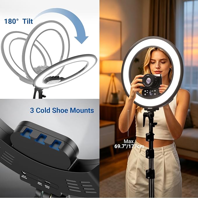 NEEWER 18" Ring Light, Wireless Professional Edge Lit Lighting with Tripod Stand, 45W 2900K-7000K CRI97+, 14.4V 3500mAh Battery, Phone Selfie Video Makeup Studio Streaming Photography, RB18B - Image 8
