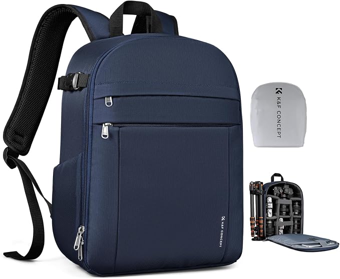 K&F CONCEPT Camera Backpack, DSLR/SLR/Mirrorless Photography Camera Bag | 14in Laptop Compartment & Rain Cover, 600D Fabric for Travel & Daily, Men & Women, Dual-Mode Detachable Dividers, Blue, B19 by KFCONCEPT