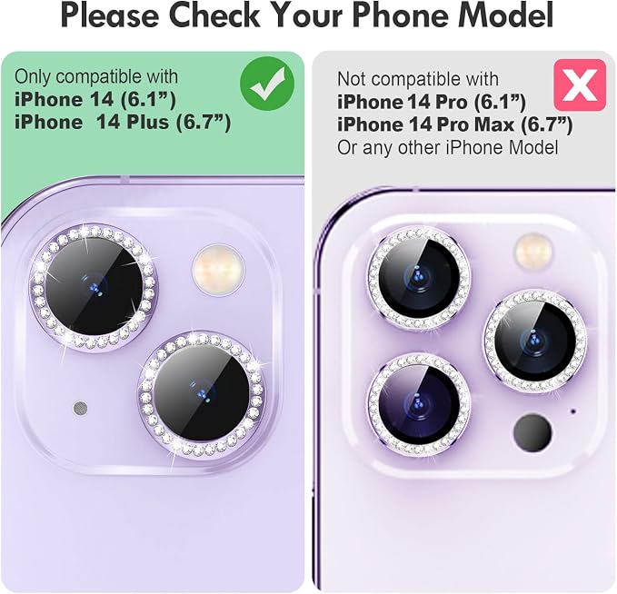 for iPhone 14/14 Plus Camera Lens Protector Bling Diamond, Purple | Individual Metal, 9H Hardness, Scratch Resistant, Shockproof, Drop Protection, Case Friendly, Stylish Accessories - Image 2