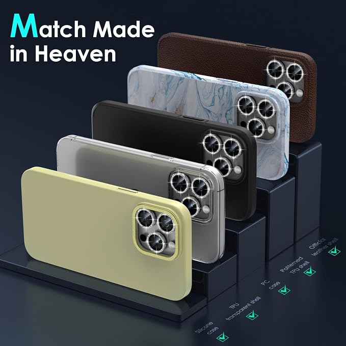 YWXTW Designed for iPhone 15 Pro/iPhone 15 Pro Max Camera Lens Protector Bling, [New Glitter Design] Individual Metal Tempered Glass Camera Cover Accessories Case Friendly (Silver Titanium Glitter) - Image 6