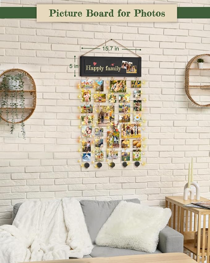 Bikoney Hanging Picture Frame Collage with Blackboard - Vintage Black | Rustic Wood Polaroid Board with 30 Clips, Photo Display for Wall Decor & Dorm Room, Perfect Graduation Gift Idea - Image 3