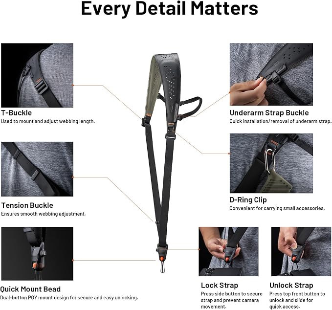PGYTECH Camera Strap Pro, Heavy Duty Single Camera Harness w Underarm Strap | Professional Camera Shoulder Strap w QR, Leather Ergonomic Padded Neck Strap for DSLR/Mirrorless for Photographers, Green - Image 3