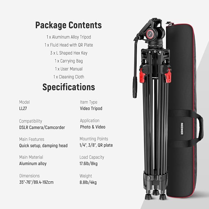 NEEWER 76" Video Camera Tripod with Fluid Head, One Step Quick Release Heavy Duty Aluminum Portable Tripod Stand with Cleaning Cloth, Dual Mode QR Plate for DSLR Camcorder, Max Load 17.6lb, LL27 - Image 9