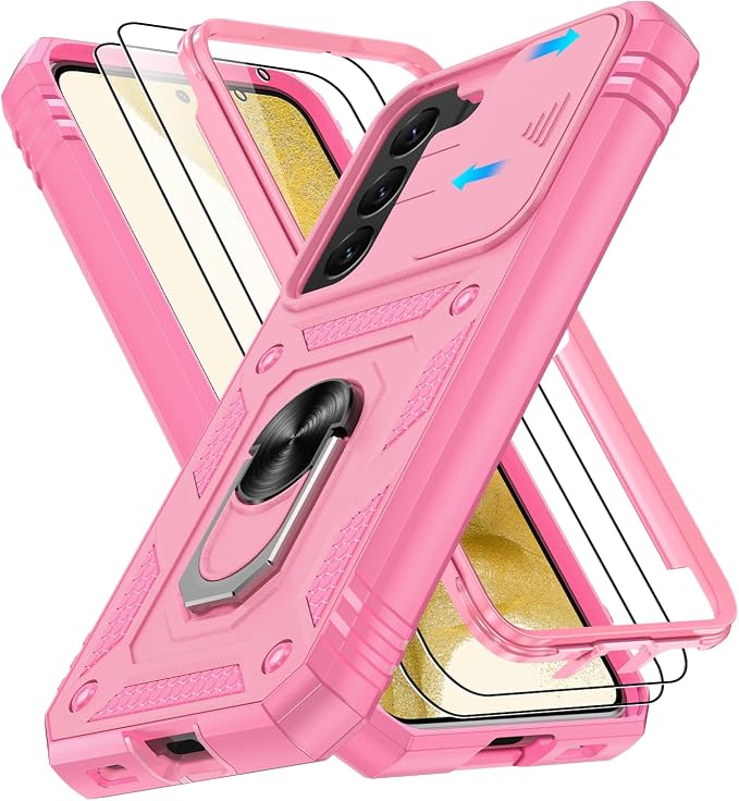 Gritup for Samsung Galaxy S22 Case with Slide Camera Cover & Screen Protector*2, 360 Rotating Ring Kickstand, Military Grade Protective Case for S22 Phone, Pink by Gritup