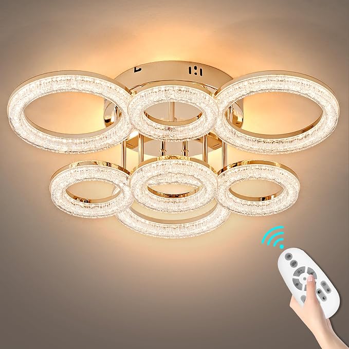 Modern Ceiling Light, 7 Rings 23'' Dimmable LED 106W Flush Mount Ceiling Lights with Remote Acrylic Crystal Round Ceiling Light Fixture, Bedroom Living Room Dining Room, Gold - Image 9