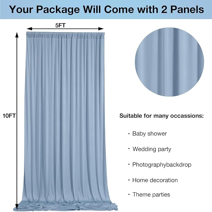 10ftx10ft Wrinkle Free Dusty Blue Backdrop Curtains for Parties, Silky Polyester Photo Backdrop Drapes 2 Panels 5x10ft Back Drop Cloth for Wedding Birthday Baby Shower Photography Background - Image 4
