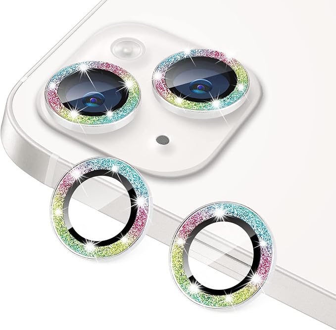 for iPhone 13 Mini & iPhone 13 Camera Lens Protector, Bling Glitter 9H Tempered Glass Camera Cover Anti Scratch Shockproof Screen Protector Individual Ring - 2Pcs Glitter Colorful by Hsefo