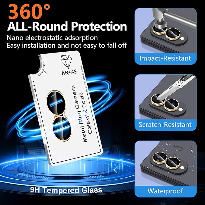 for Samsung Galaxy Z Fold 8 Camera Lens Protector, Individual Metal Ring Tempered Glass Lens Cover, [Strong Adsorption] Scratch Resistant Ultra-Thin HD Clear Lens Cover, 1 Set-Gold Ring - Image 2