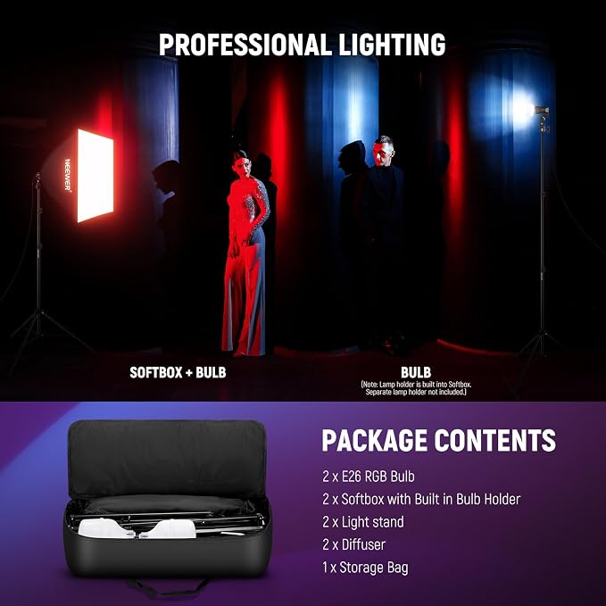 NEEWER RGB Softbox Lighting Kit with App Control & 9 Effect Modes, 2 Pack 26W FCC/IC/UL Certified LED Bulbs CRI93+ TLCI98+, E26 Porcelain Sockets, 24" Softboxes, for Studio Photography Lighting, NK800 | 9 Effects, 26W LED Bulbs, CRI93+, TLCI98+, E26 Po... - Image 9