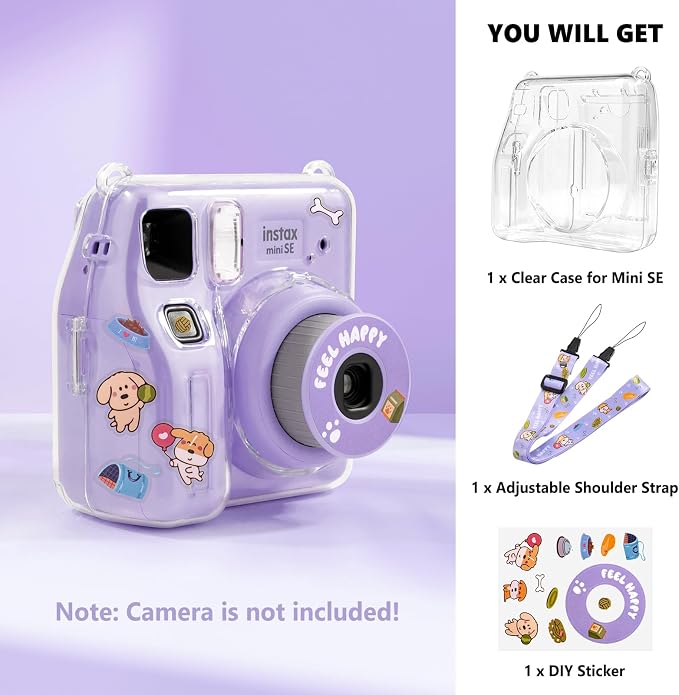 Fuji Mini SE Clear Case, Hard PC Protective Case for Instax Mini SE Instant Camera with Cute Cartoon Sticker & Adjustable Shoulder Strap - Purple Happy Dog - Image 7