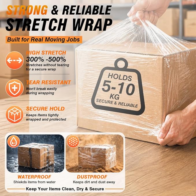 Stretch Film Shrink Wrap Flexible Moving Kit (5"+15") x 1000 Ft for Moving Supplies, Heavy Duty Plastic Wrap Stretch Roll for Moving Boxes Toys Books Pallet Wrapping Furniture with Handles, Clear - Image 2