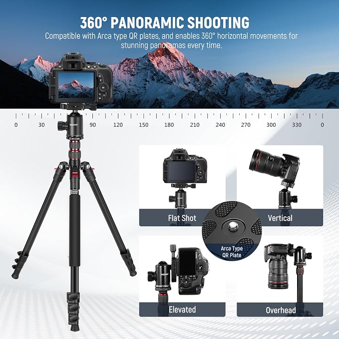NEEWER 77 Inch Camera Tripod Monopod for DSLR & Phone, Aluminum, TP77 | 360° Panoramic Ball Head, 2 Axis Center Column, Arca Type QR Plate, Bag, Compact Lightweight Travel Tripod, 34lb Max Load - Image 4