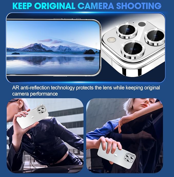for iPhone 15 Pro/15 Pro Max Camera Lens Protector Glitter, Silver | Individual Metal, 9H Hardness, Scratch Resistant, Shockproof, Drop Protection, Case Friendly, Stylish Accessories - Image 4
