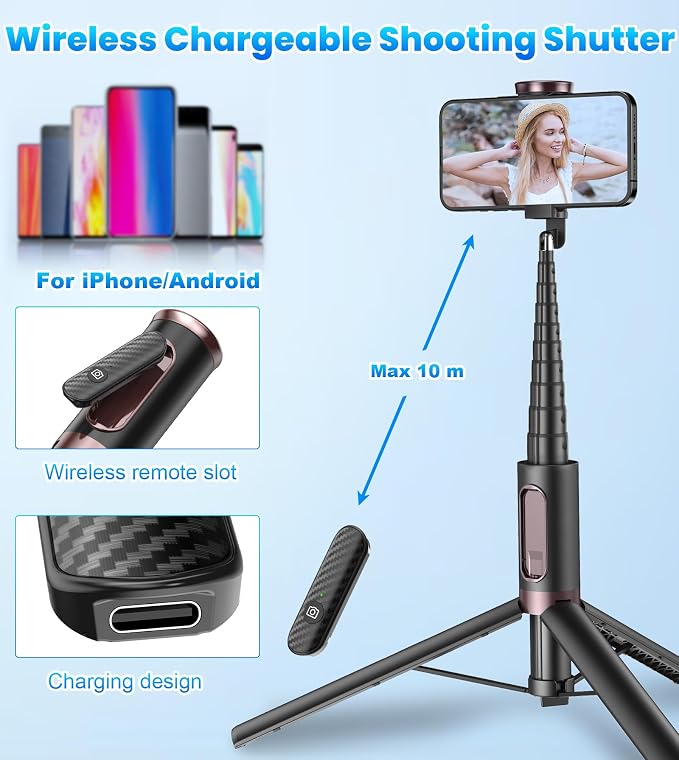 TONEOF 67" Cell Phone Selfie Stick Tripod,Smartphone Stand All-in-1 with Integrated Wireless Remote,Portable,Lightweight,Extendable for iPhone/Android(Black) - Image 5