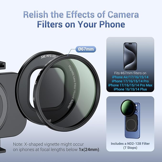 Upgraded 67mm ND Filter for iPhone 17, Magnetic Lens Filter Adapter with ND2-128 Variable ND Filter for iPhone 17 16 15 14 Pro Pro Max Plus, Phone Lens Filter Mount with 1/4-20" Screw & Cold Shoe - Image 6