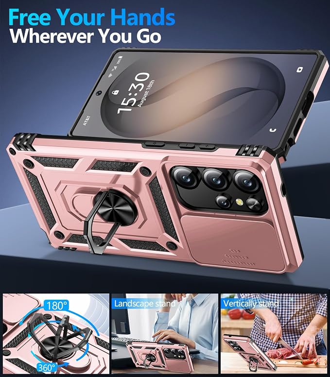 Taisairu for Samsung Galaxy S26 Ultra Case with Screen Protector & Slide Camera Lens Cover, Built-in Magnetic Ring Stand Shockproof Protective Phone Case for Samsung S26 Ultra Case (Rose Gold) - Image 3