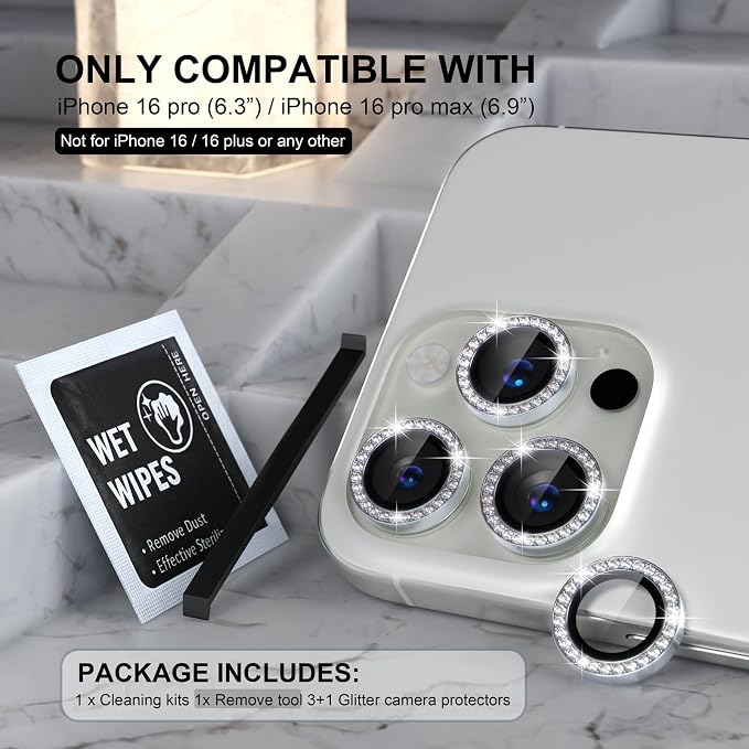 Choiche for iPhone 16 Pro/iPhone 16 Pro Max Camera Lens Protector | Ultra HD, Bling 9H Tempered Glass Camera Cover Screen Protector Metal Ring Decoration Accessories (Diamond-Silver) - Image 2