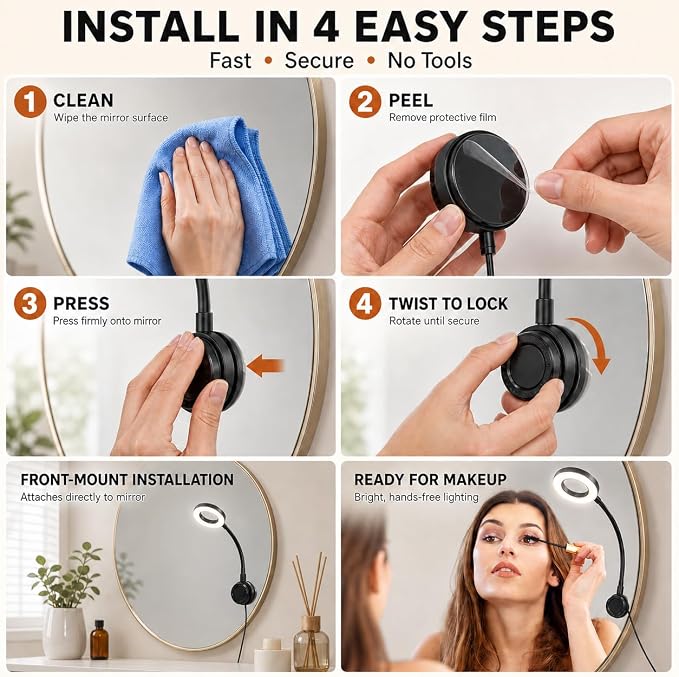 Suction Cup Makeup Lights for Vanity Mirror,Full Length Mirror Selfie Light | LED Vanity Lights Stick on, Ring Light for Makeup Vanity Table & Bathroom Mirror, 3 CCT & 10 Brightness, Plug in, Black - Image 5