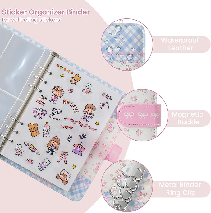 Reusable Sticker Book Collecting,A5 Binder Album Storage Organizer with Blank Release Paper and Pocket for Adult Kids,Cartoon Leather Binder Cover & Magnetic Buckle Closure(flower) - Image 3