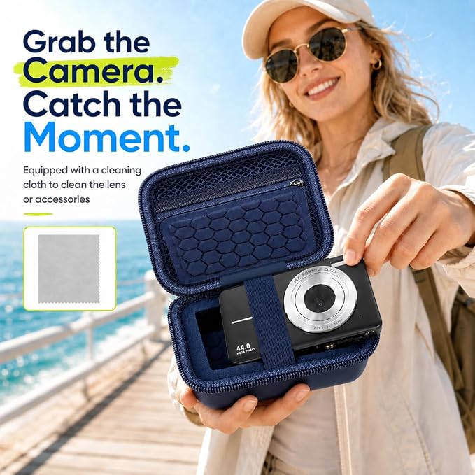 Comecase Camera Case for Kodak PIXPRO FZ55/FZ45, 2 SD Card Slots, Dark Blue | Hard EVA Shell, Padded Divider and 2 SD Card Slots Organize a Compact Camera, Charger and Cable for Travel, Case Only - Image 5