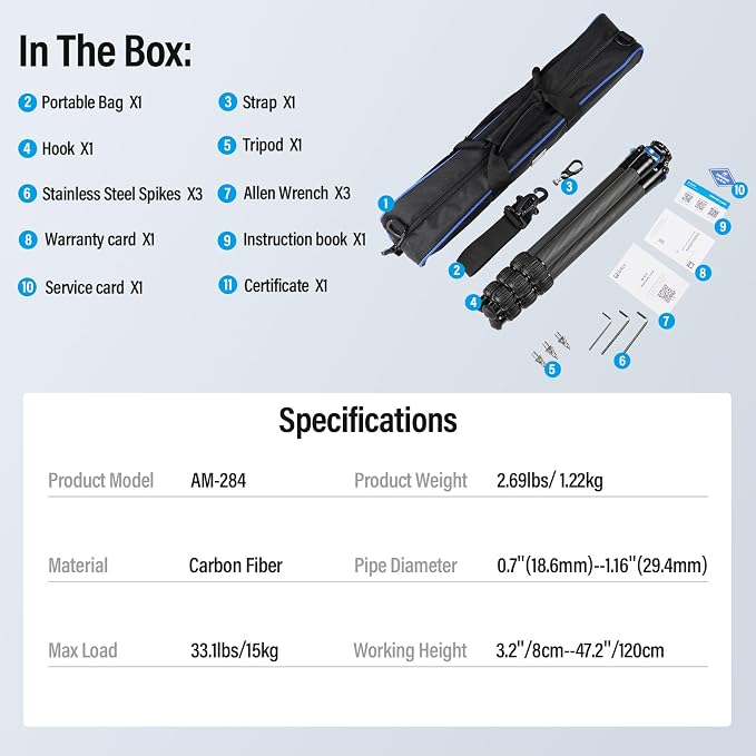 SIRUI AM-284 Carbon Fiber Tripod for Travel, Professional Camera Tripod with 4-Section Legs, Twist Leg Locks, Detachable Metal Spikes, Loads up 33LB, Max Height 47.2“ - Image 9