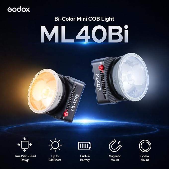 Godox ML40Bi Mini COB Video Light 40W, 26400lux@1m, Handheld Portable Bi-Color COB LED Continuous Output Lighting w/Built-in 4800mAh Battery, CRI/TLCI 96+ 0-100%, 11FX, NFC APP Photography Spotlight - Image 2