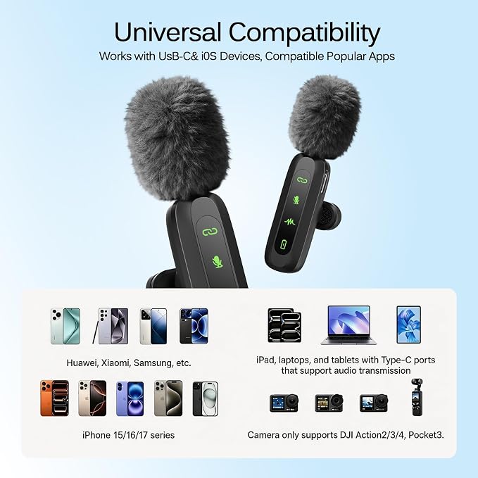 Back Wireless Lavalier Microphone for iPhone/Android, 60ft Transmission, Record While Charging, Ultra-Long Battery Life, Noise Reduction, Plug & Play, for Vlog TikTok YouTube - Image 6