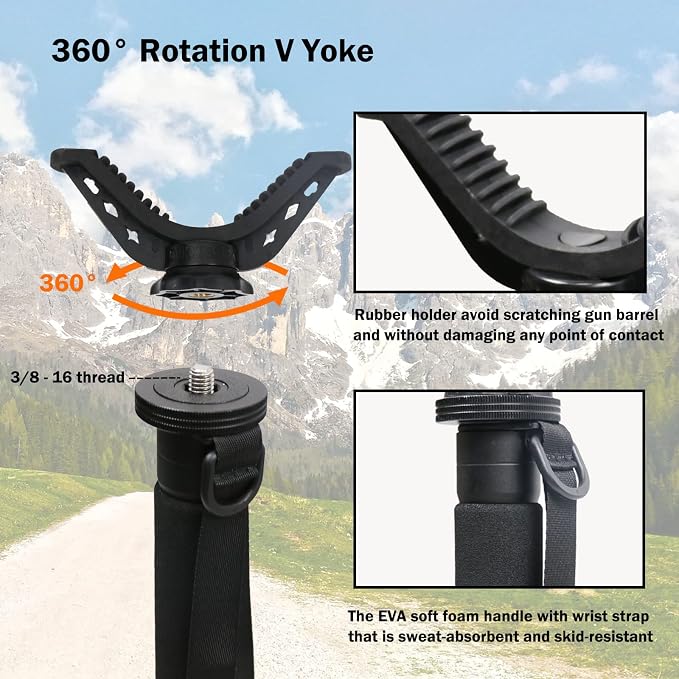 Hunting Monopod Shooting Tripod Stick Gun Rifle Rest | Tiltable and Horizontally Rotatable Tri-Stand Tripod Base, 21"-65" Height Adjustment, Matt Aluminum Construction - Image 4
