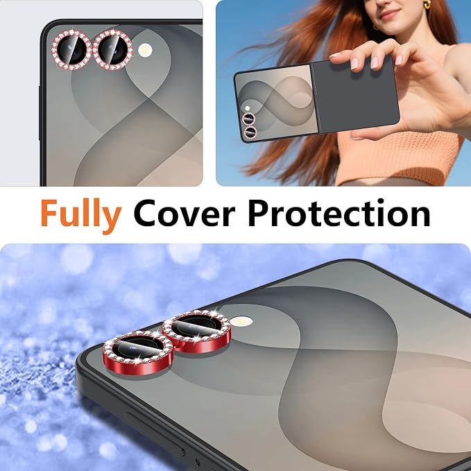 for Samsung Galaxy Z Flip 8 Camera Lens Protector, Individual Metal Ring Tempered Glass Lens Cover, [Strong Adsorption] Scratch Resistant Ultra-Thin HD Clear Lens Cover, 1 Set-Red Diamond - Image 8