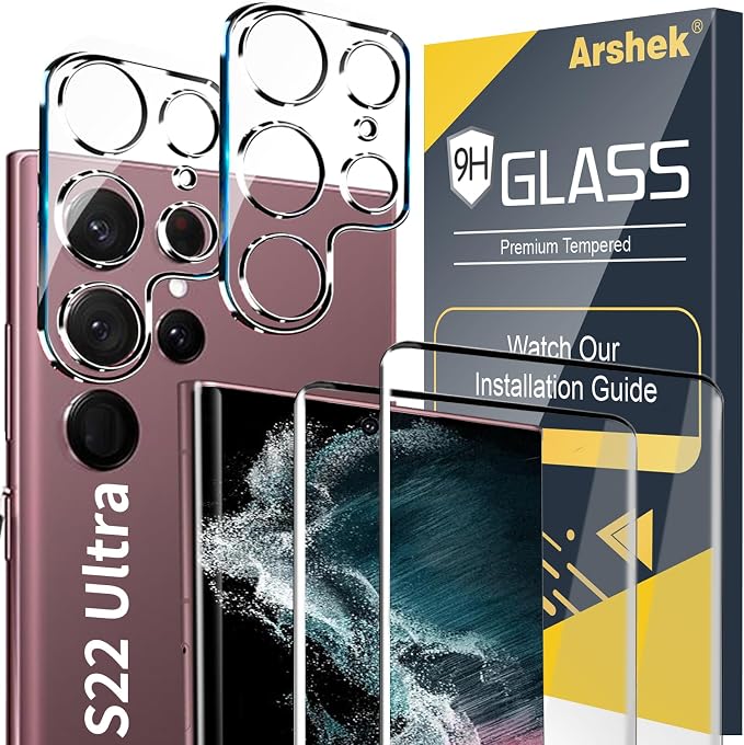 [2+2 Pack] Galaxy S22 Ultra Screen Protector, 9H Tempered Glass, Ultrasonic Fingerprint Support, 3D Curved, HD Clear Scratch Resistant for Samsung Galaxy S22 Ultra 5G Glass Screen Protector by Arshek