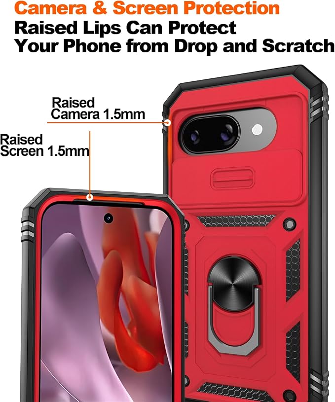 Gritup for Pixel 9A Case Military-Grade Shockproof with Kickstand | with 2 PCS Screen Protector, Slide Camera Cover, Heavy Duty Outdoor Protection Funda para Google 9 A Phone Cover, Red+Black - Image 4