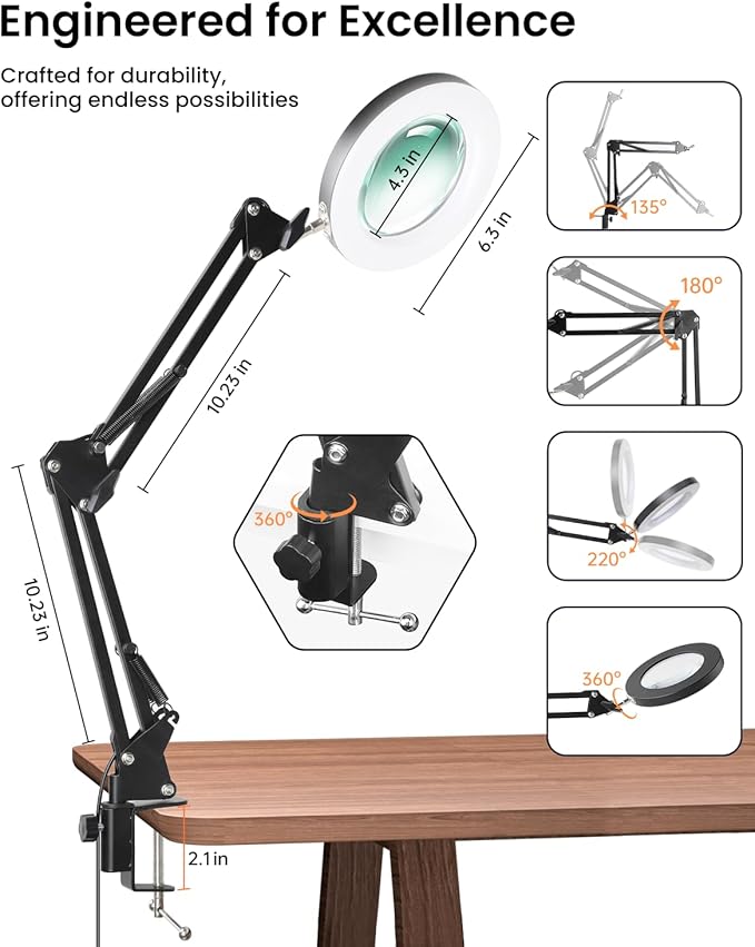 UBeesize 10X Magnifying Glass with Ring Light and Clamp for Desk | 10X Magnification | 3 Color Modes | Dimmable Brightness | Suitable for reading, crafts, sewing, and repair - Image 6
