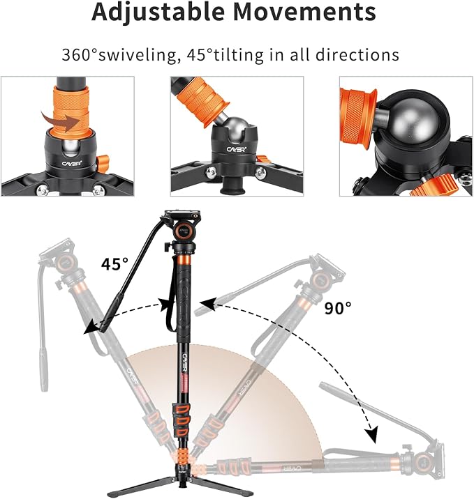 Cayer FP34 Video Monopod, 71" Alu 4-Section Fluid Head with Feet for DSLR | 4-Section Alu Tube, Fluid Head, Folding 3-Leg Base, 13.2 Lb Load, Dual-Mode Compatible Mount - Image 6